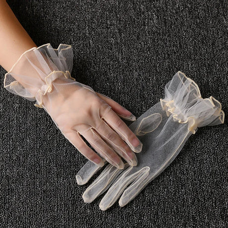1 Pair Women's Lace Full Finger Gloves Fashion Short Tulle Elastic Etiquette Lotus Leaf Shears for Stylish Hand Protection