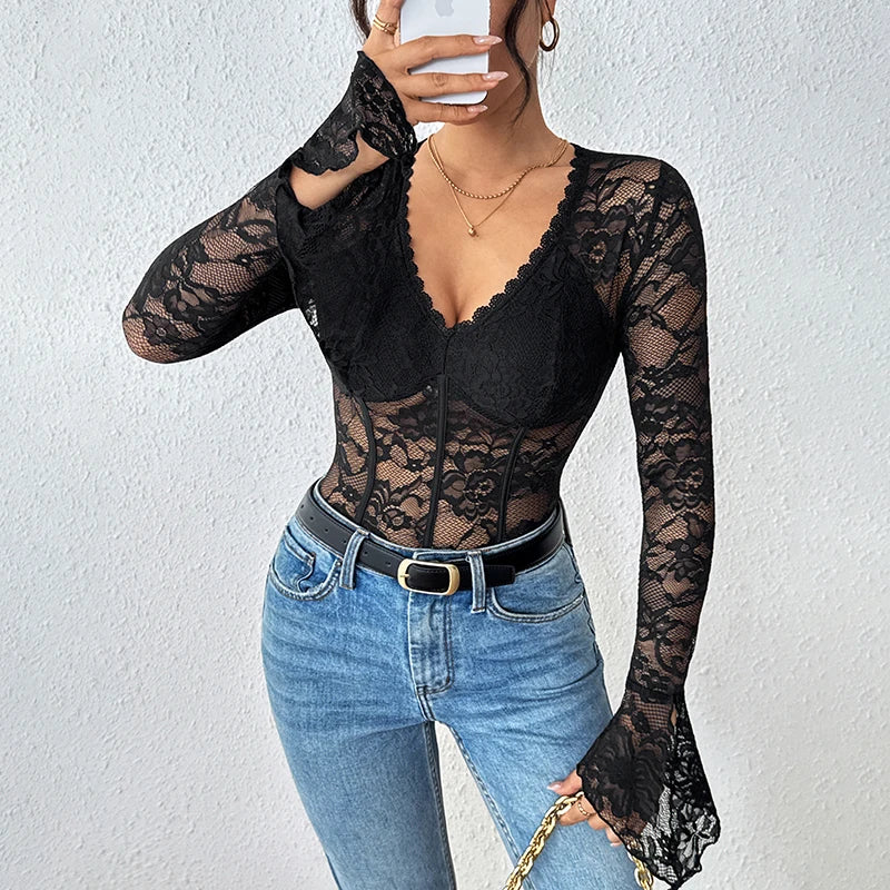 Benuynffy Black V-neck Long Sleeve Bodysuit Women's Sexy See Through Lace Bodys for Women Slim Fit One Pieces Tight Body Top