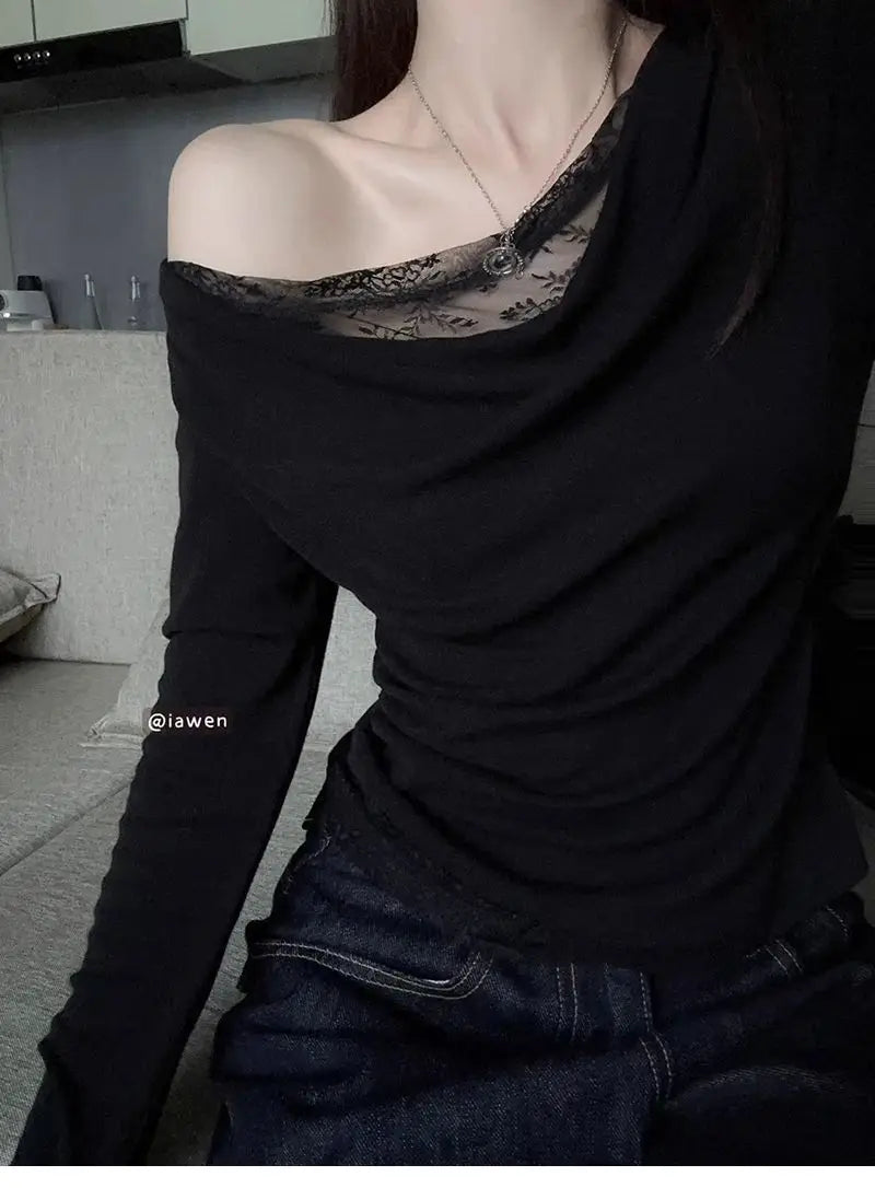 Lace Splice Asymmetrical Shoulder Long Sleeve T-Shirt Women's Slim Fit White Top for Autumn Winter Commute Casual Wear