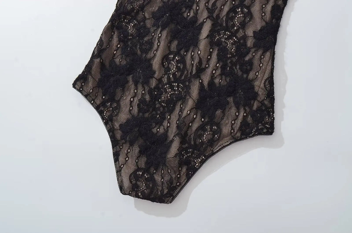 Sexy See Through Lace With Lining Backless Spaghetti Strap Bodysuit Woman Sling Tight Short Jumpsuit Slim Fit Rompers Playsuits
