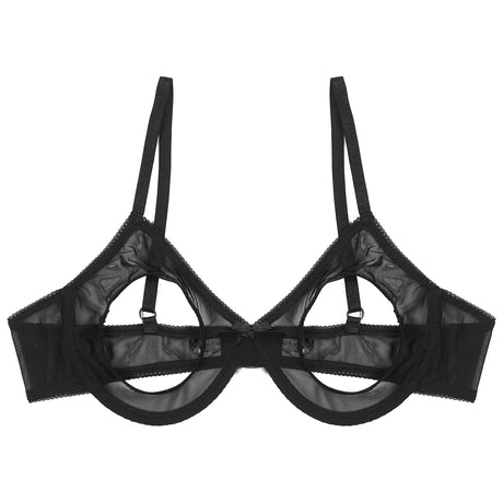 Women's Sheer Mesh Hollow Out Open Nipples Underwired Bra Tops Push Up Unlined Bralette Bra Sexy Brassiere Balconette Underwear