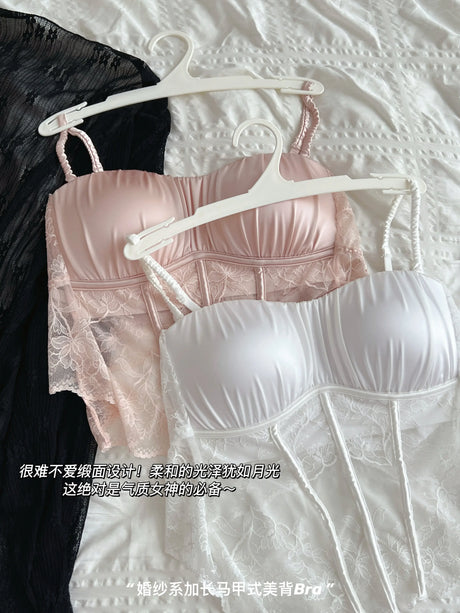 Women Elegant French Longline Lingerie, Lace Satin Wireless Bra, Push Up Sexy Open Back, Luxury Bridal Underwear Fit Small Bust