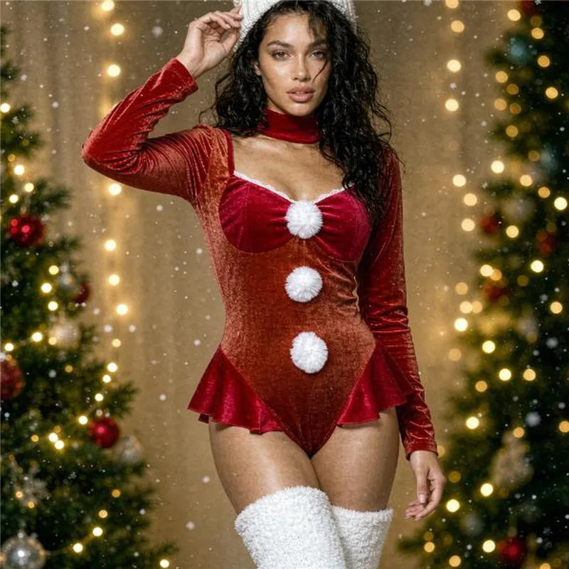 Women Christmas Velvet Bodysuit Long Sleeve Backless Ruffle Hem Jumpsuit With White Pom Poms Xmas Holiday Party Cosplay Costume