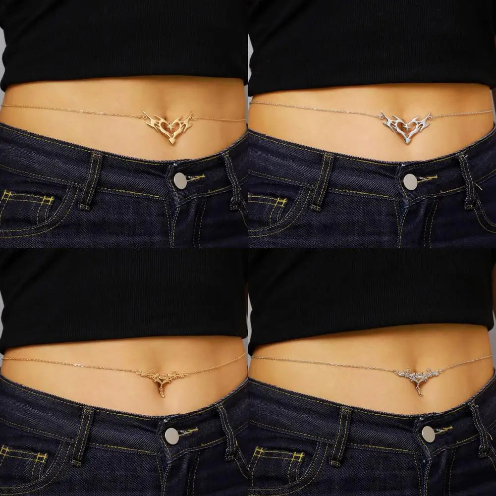 Gothic Heart Flame Waist Chain Sexy Punk Metal Waist Belly Belt Chain Y2K Body Chain for Beach Bikini Party Outfit Jewelry