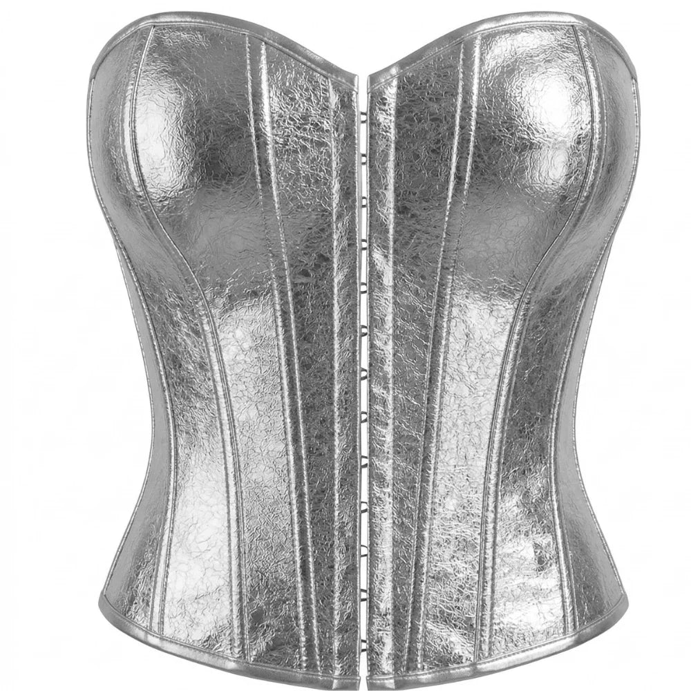 Women's Silver Metallic Strapless Corset Bustier Front Hook Back Lace-Up Waist Cincher Party Top