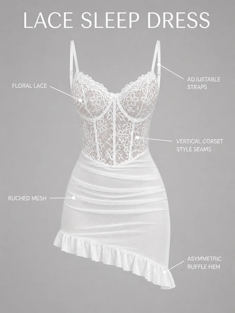 Women's Transparent Lace Lingerie Nightdress with Matching Panties, Ruched Ruffle Hem Babydoll Sleepwear, Four Colors S-XL