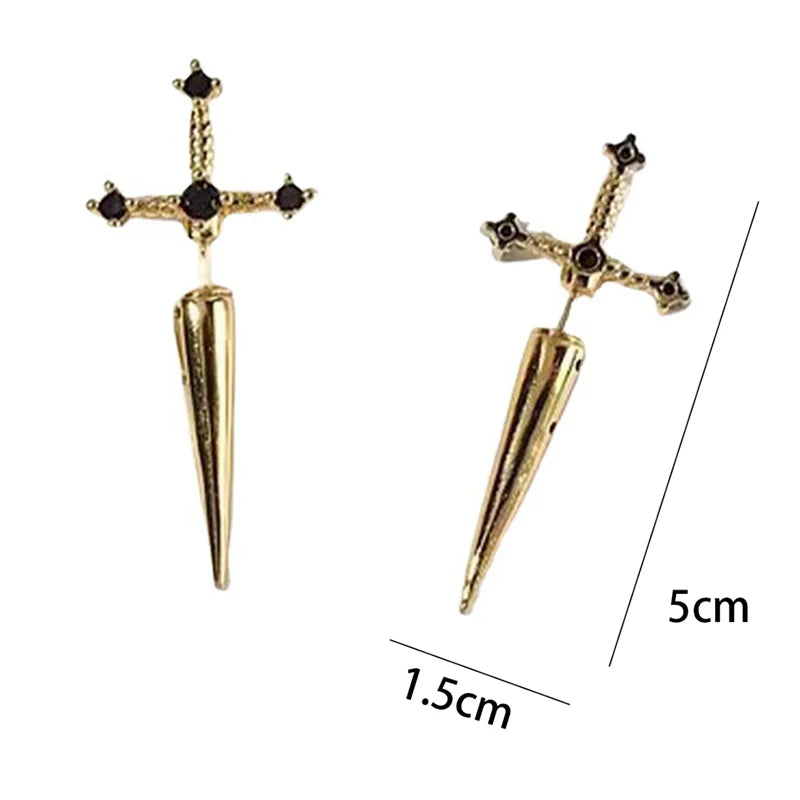 Hip Hop Cross Sword Stud Earrings For Women Classic Blask Crystal Stone Silver Ox Gold Black Color Personality Simple Jewelery
