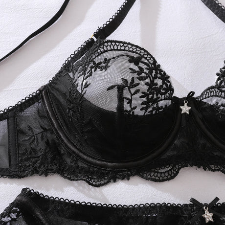 Black Embroidered Perspective Temptation Bra Lace Underwear Body Shaping Clothes Hanging Socks with Gloves