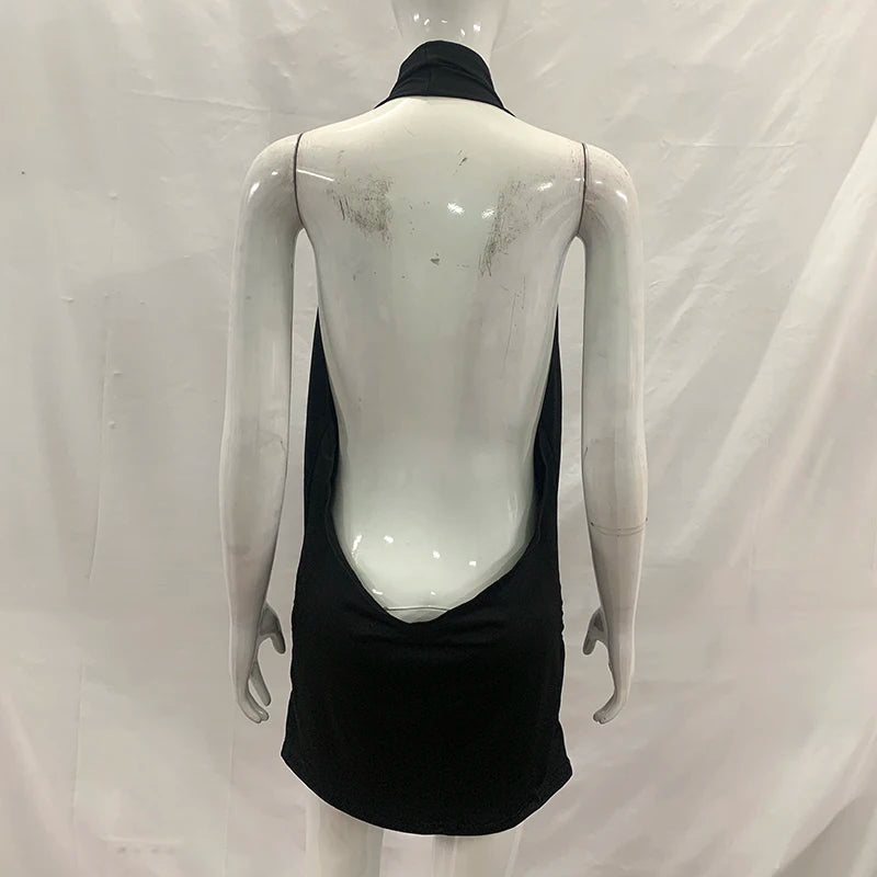 Summer Sexy Solid Color Deep V-Neck Backpack Hip Dress Elegant Fashionable Mini Skirt for Party Hanging Neck Design