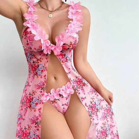 New Sexy Women Nightgowns Floral Sleepwear Summer Slip Night Dress Deep-V Lace Sleep Dress Mesh See Through Baby Doll Nightie