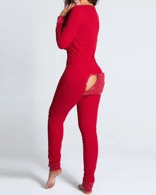 Sexy Pyjama Women's Long Sleeves Homewear Suit Button-Down Front Back Butt Bum Open Ass Flap Jumpsuit Loungewear Christmas Print