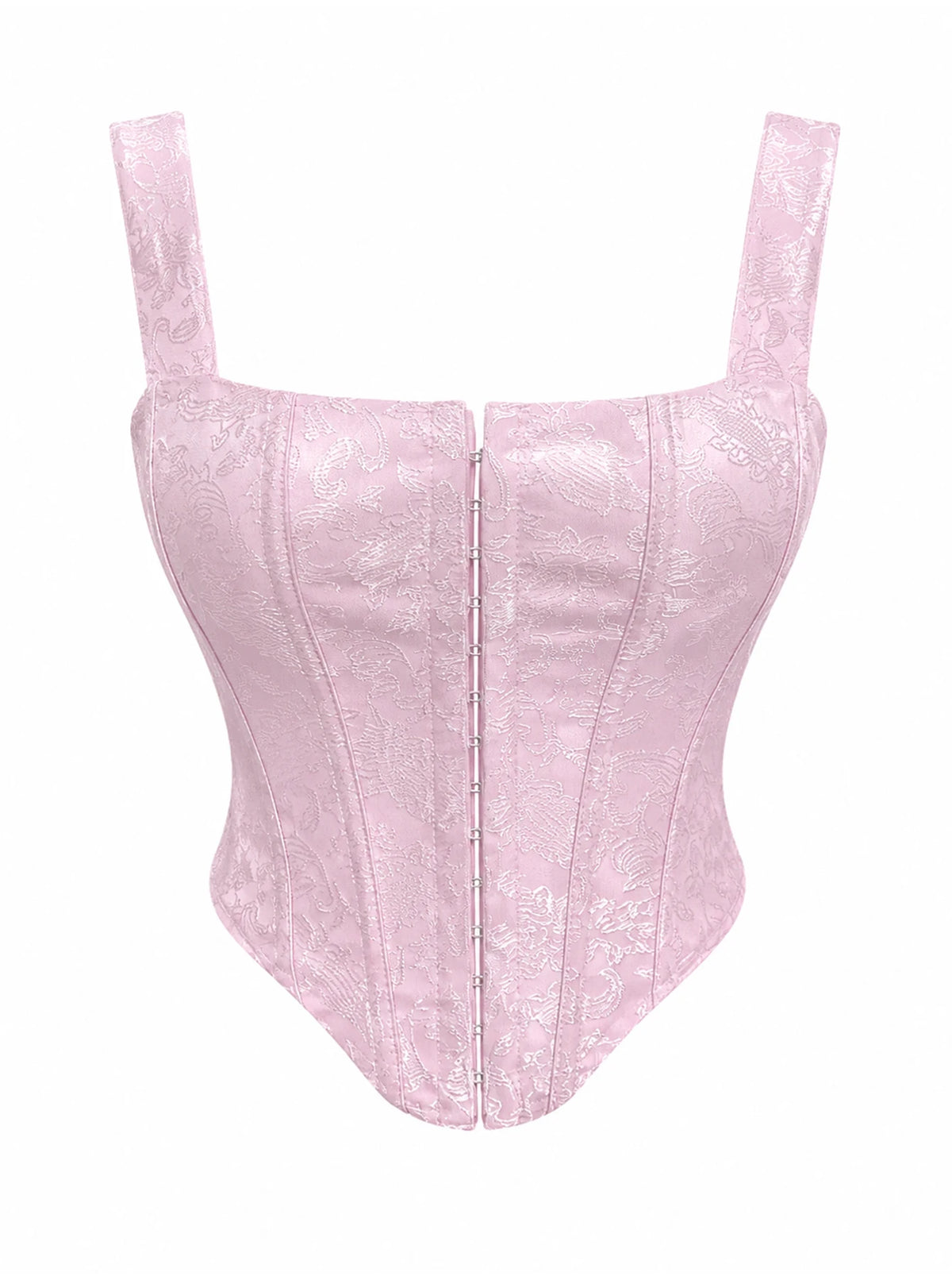 Floral Jacquard Wide Strap Corset Top Front Hook Back Lace Up Square Neck For Women