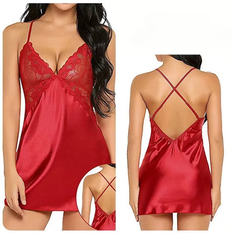 Hot Lingerie Porno Nightdress Sexy Sleepwear Large Size Night Dress Babydoll Women Satin Nightwear Erotic Lace Underwear Pajamas