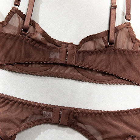 Ellolace Solid Lingeries Sexy Hot Sissy See Through Mesh Bra 3PC Set with Stockings Tempted Underwear Fancy Erotic Clubwear