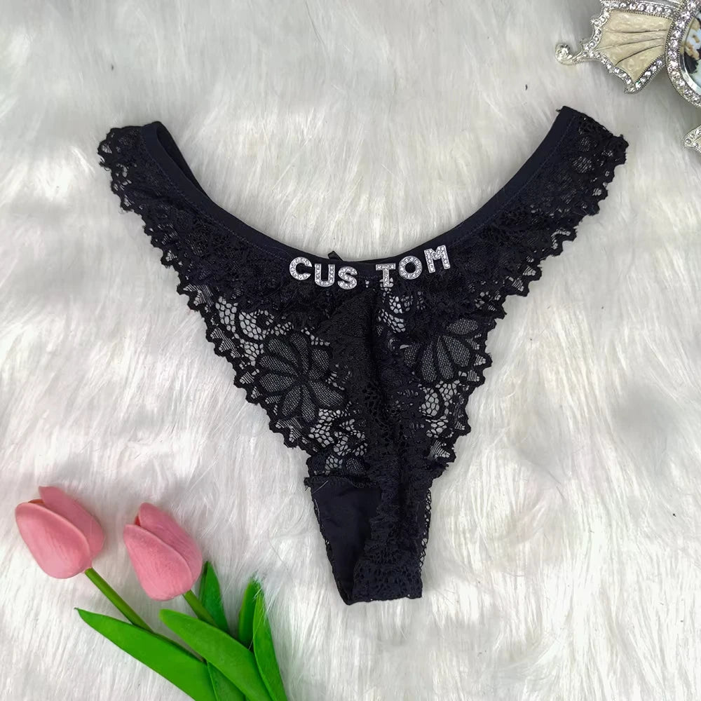 Sexy Custom Thong Name Lace String Customized Women Name Thong Crystal Letters Underwear Personalized Gift for couple