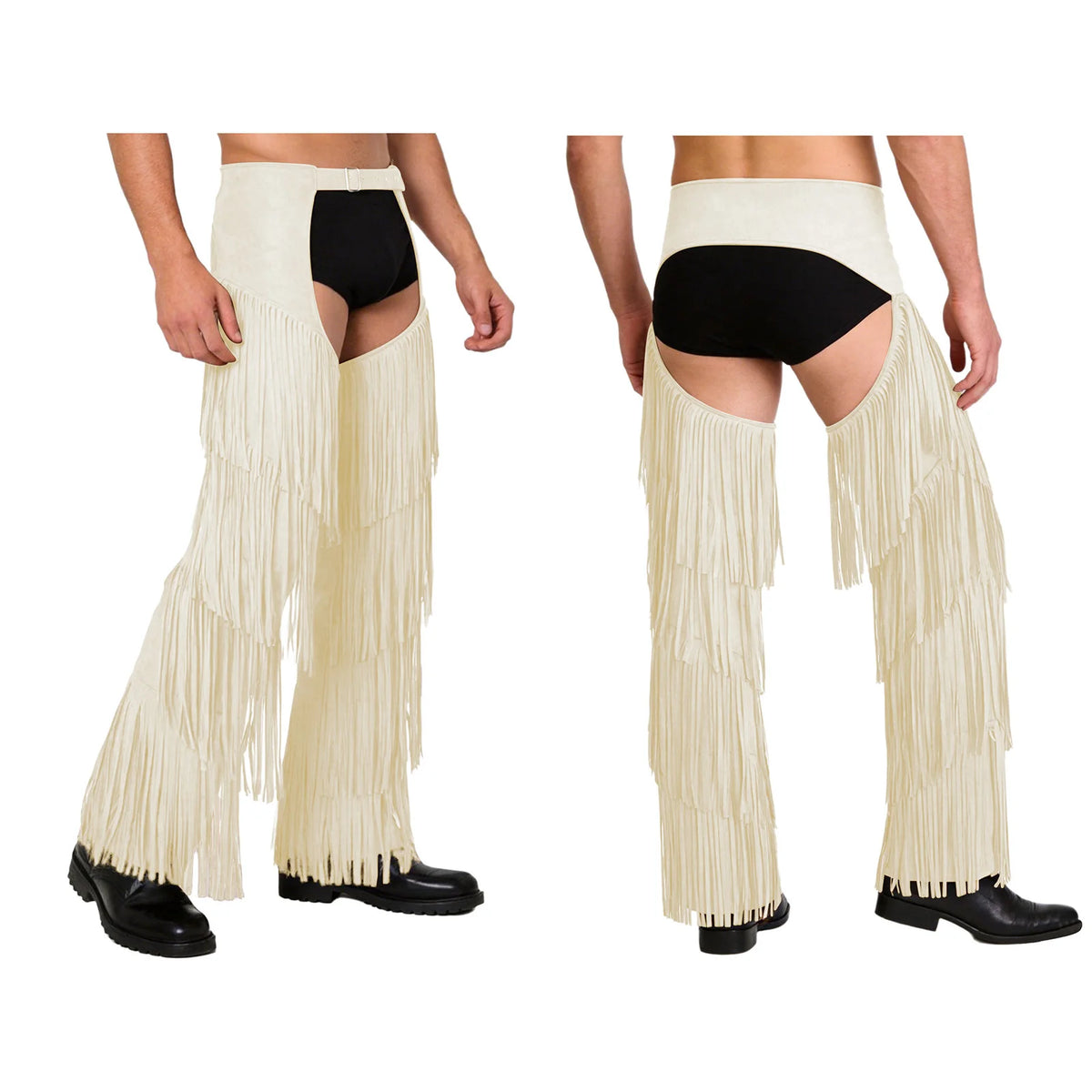 Mens Western Cowboy Chaps Fuax Suede Tassel Hollow Out Open Crotch Long Pants Adjustable Buckles Waist Motorcycle Biker Trousers