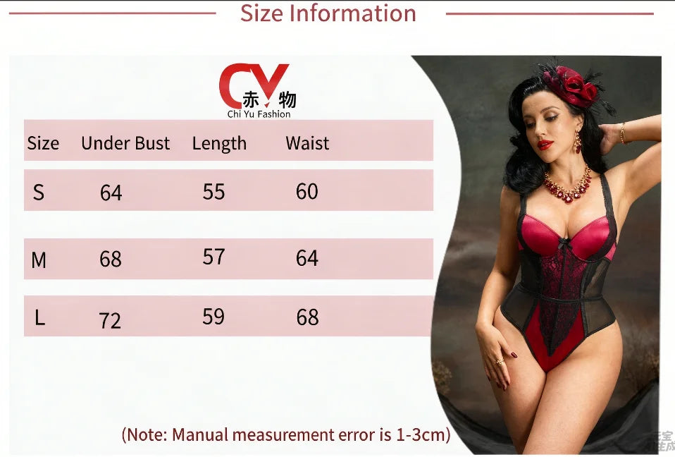 Red Black Lace Bodysuit, Mesh Waist-shaping Lady Style Role Play Women Bodysuit Sheer Mesh Lingerie Sleepwear Costume V9NB