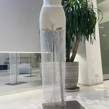 Women's High Waisted Rhinestone Mesh Pants Sparkling Crystal Net Design Sexy Party Clubwear Stretchy Fishnet Bottoms Leggings