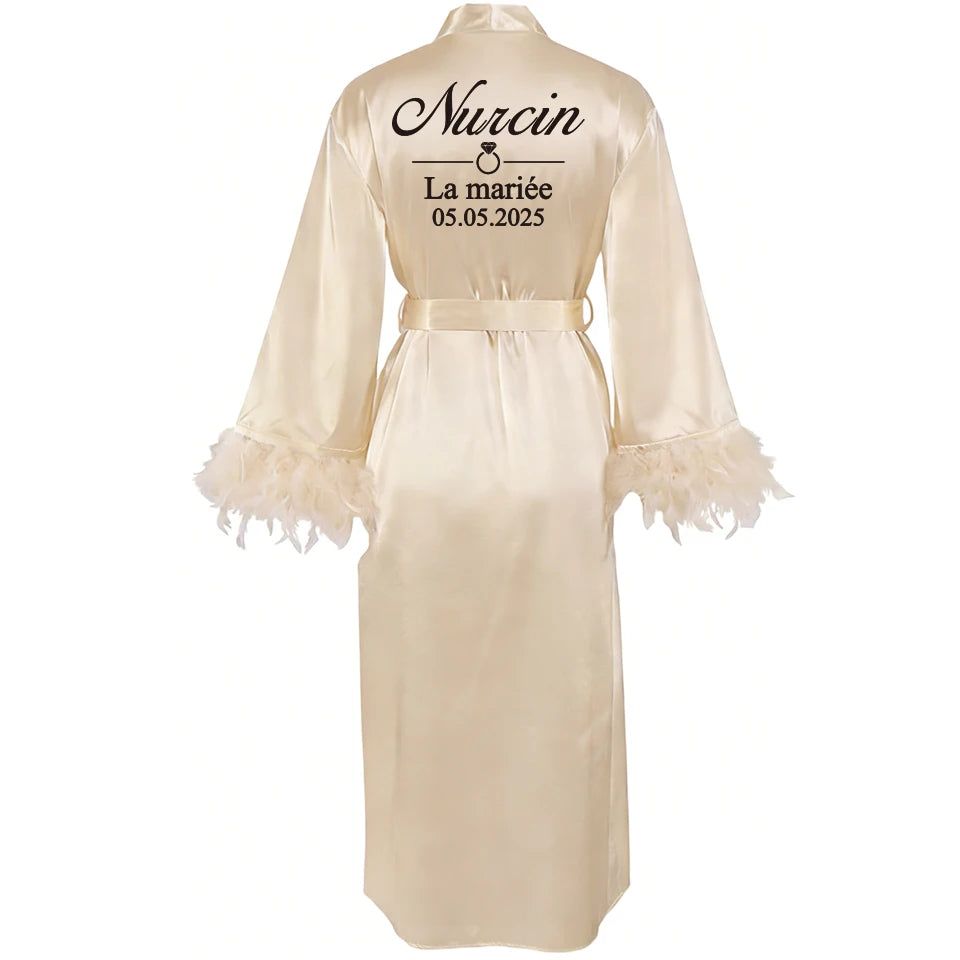 Customized Bathrobe for Women Personalized Name And Date Robe Add Any Text Gown for Bridal Party Feather Bride Robes