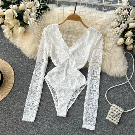 Sexy Mesh Lace Bodysuit Fashion Long Sleeve V-neck One Piece Basic Hotsweet Women Print Gothic Slim Streetwear Jumpsuit Ins