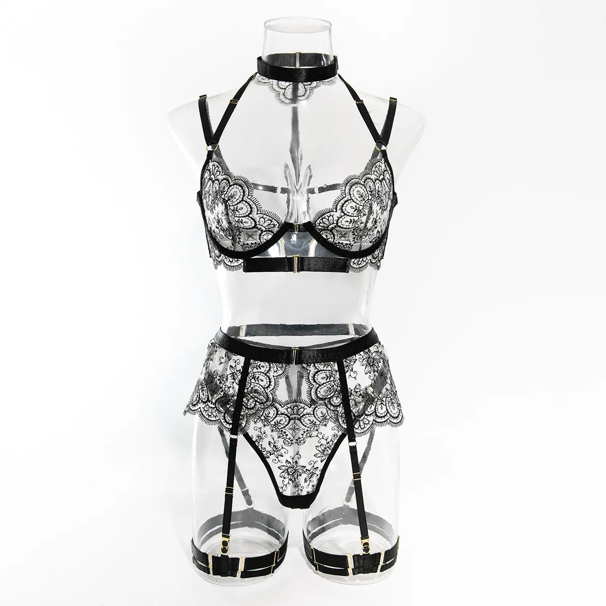 Krasapt Black Lace Embroidered Metal Buckle Sexy Lingerie Set Front Open See-through Lingerie 5Pcs Set Fancy Exotic Intimate Set