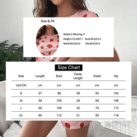 Women's Sleepwear Cute Strawberry Print Pajama Pj Set Summer Short Sleeve Top & Shorts Loungewear Soft Comfortable Home Clothing