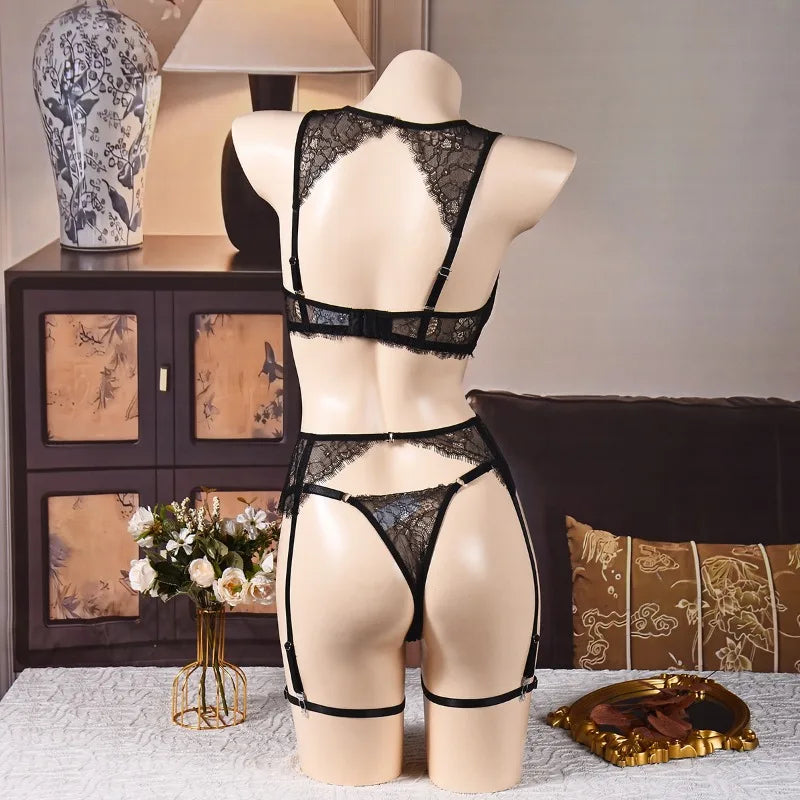 Women's Black Lace Lingerie Set Underwire Bra Thong Panty Garter Straps Choker Gloves Floral Embroidery Sexy Underwear Outfit