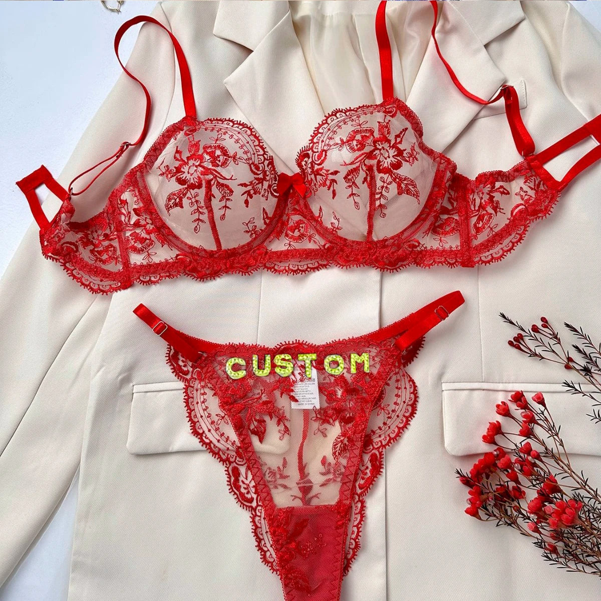 Sexy Custom Thong Name Embroidery Lingerie Set Customized Women Name Thong Sheer Bra + Brief Underwear Set Personalized Gift