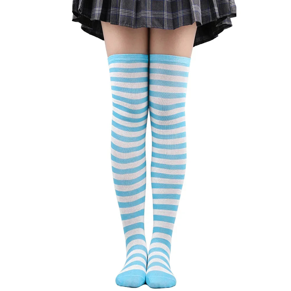 Thigh High Stockings Womens Striped Ladies Girls Black White Pink Long Over Above Knee Socks Femboy Cosplay Lolita Harajuku Y2k
