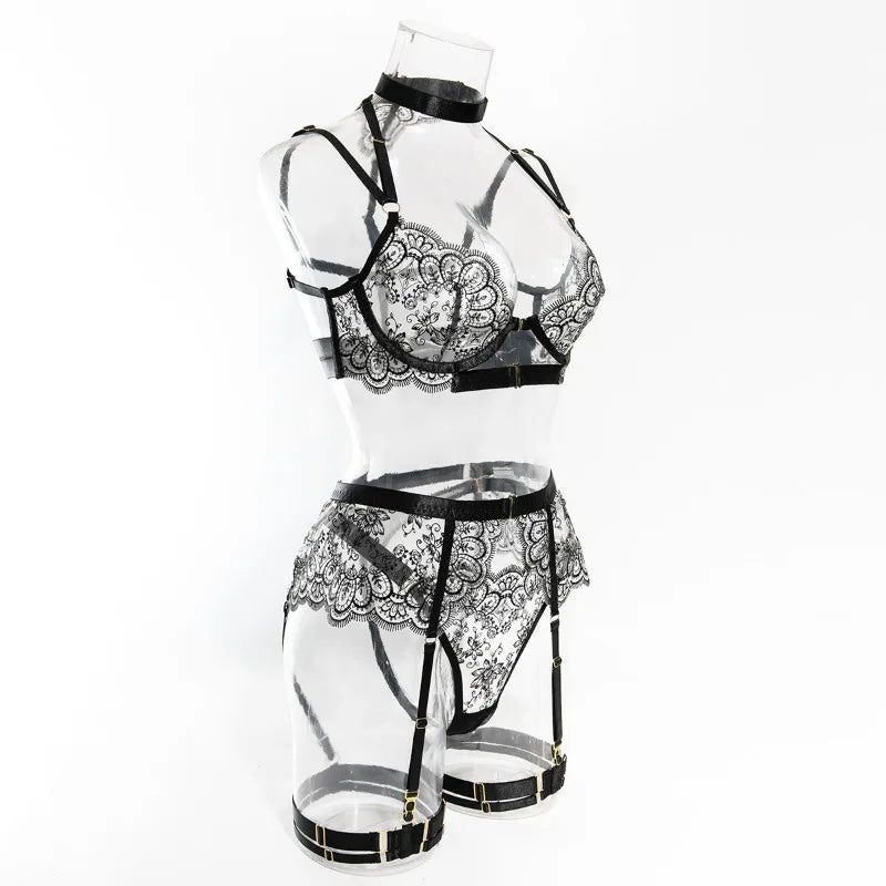 Sexy Lace Lingerie Set With Garter Belt Eyelash Underwire Bra Nude Illusion Strappy Sensual Costume Exotic Underwear Party Club