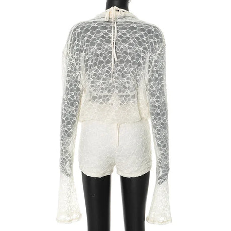 Women's Summer Solid Lace Cami Bra Cowl Neck Long Sleeve Top Shorts Set Fashion Casual Outfit Two Piece Set Women Sexy Club