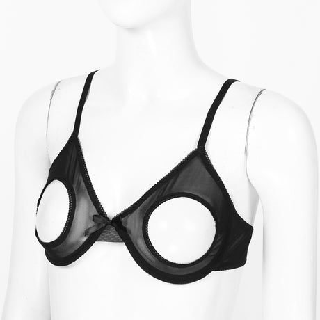 Women's Sheer Mesh Hollow Out Open Nipples Underwired Bra Tops Push Up Unlined Bralette Bra Sexy Brassiere Balconette Underwear