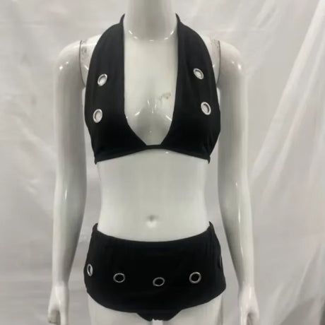 Personality Leisure Vacation Black Metal Design Swimsuit Suit Beach Joker Swimsuit Fashion Sexy Triangle Shorts Bikini Top