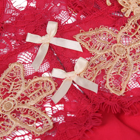 Red Satin Lace Chemise for Women Embroidery Backless Sleepwear Push Up Adjustable Straps with Panties Plus Size