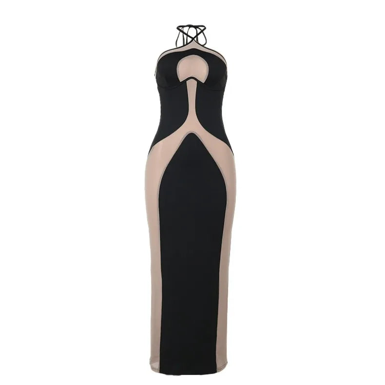 Hanging Neck Suspender Slim Fit Nightclub Sexy Women's Long Dress Elegant Fashionable Perspective Temperament Dinner Dress