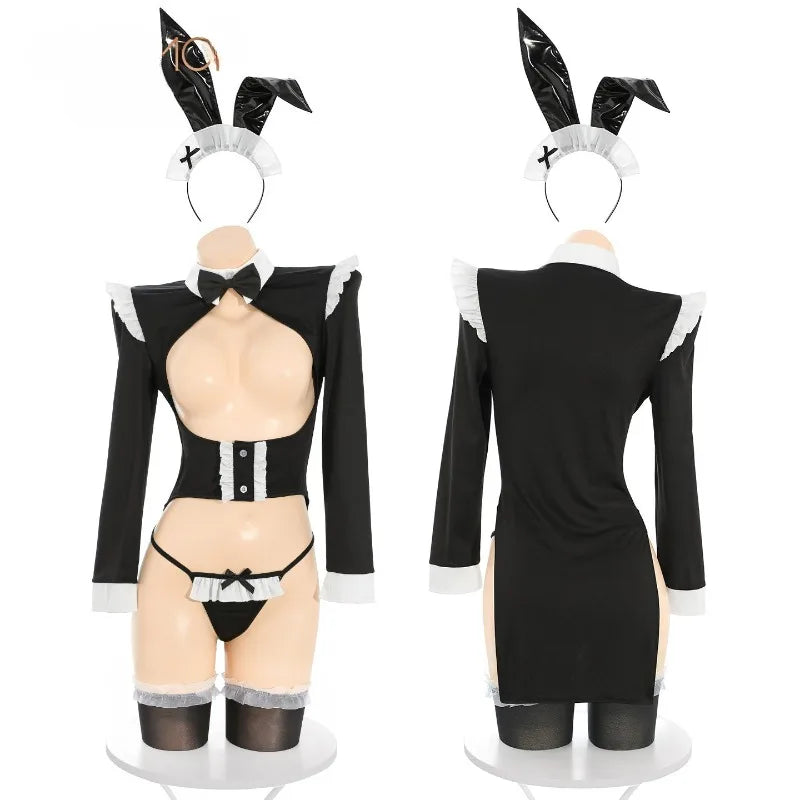 Sexy Women Bunny Girl Cosplay Costume Hollow Chest Lingerie Outfit with Bunny Ear Headband Maid Dress Halloween Roleplay Uniform