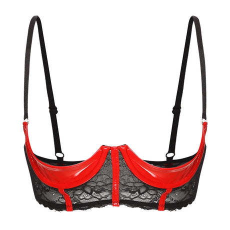Womens Sexy Open Cup Underwired Bra Patent Leather See-through Floral Lace Brassiere Exposed Nipple Lingerie Underwear Nightwear