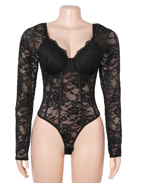 Women Sexy Lace Long Sleeve Bodysuit Underwire Square V Neck Open Crotch Clubwear Top Plus Size Snap Closure Teddy Lingerie