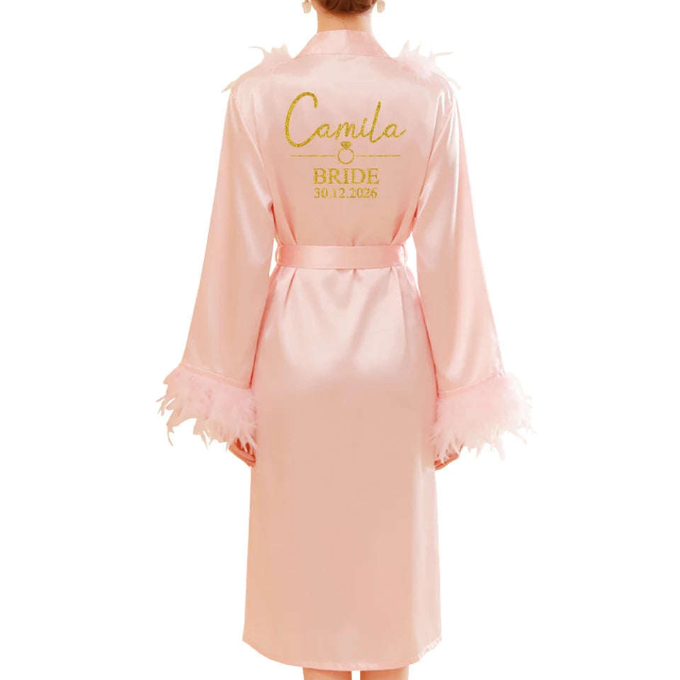Personalized Name Date Wedding Feather Bride Robe Bridesmaid Bathrobe Nightwear Long Elegant Woman Gown Sexy Nightgown for Party
