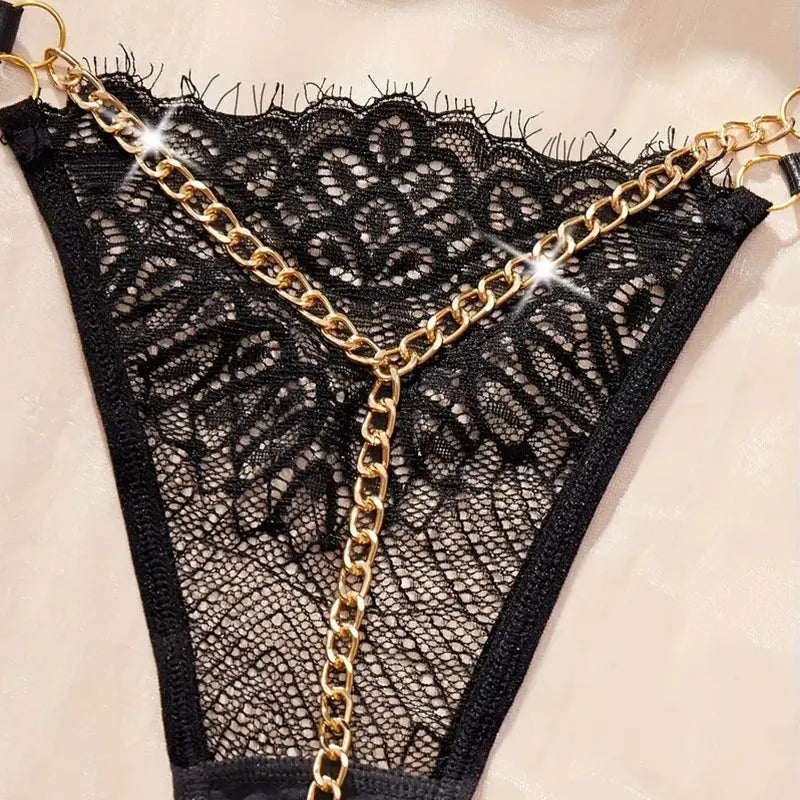 2024 New Sexy Solid Color Lace Metal Chain Thong Hot Low Waist Transparent Erotic Panties Women's Underwear Crotchless G-String