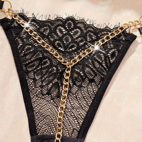 2024 New Sexy Solid Color Lace Metal Chain Thong Hot Low Waist Transparent Erotic Panties Women's Underwear Crotchless G-String