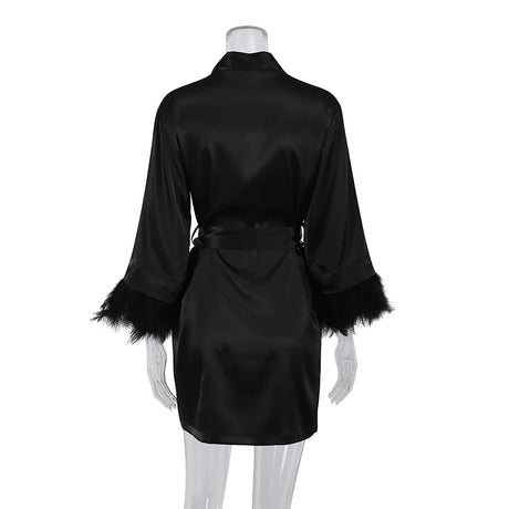 Feather Bathrobes Satin Sexy Mini Dress Long Sleeve Loose Peignoirs For Women Robe White Wedding Dress Black Bride Dresses