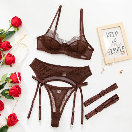 Women's Red Lace Lingerie Set with Underwire Bra High Waist Garter Belt Thong and Thigh Straps Romantic Bedroom Outfit Set 2026
