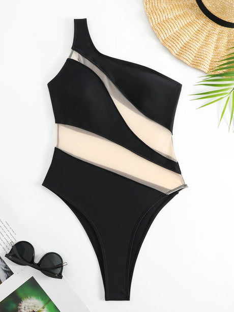 2026 Mesh Swimsuit Women One Piece High Cut Swimwear Female One Shoulder Sexy Bathers Bathing Swimming Swim Suit Beachwear