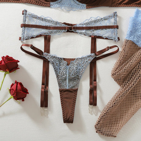 Diccvicc Women's Blue Lace Lingerie Set Brown Underwire Bra Garter Belt Thong Stockings See Through Hot Luxury Fashion Underwear