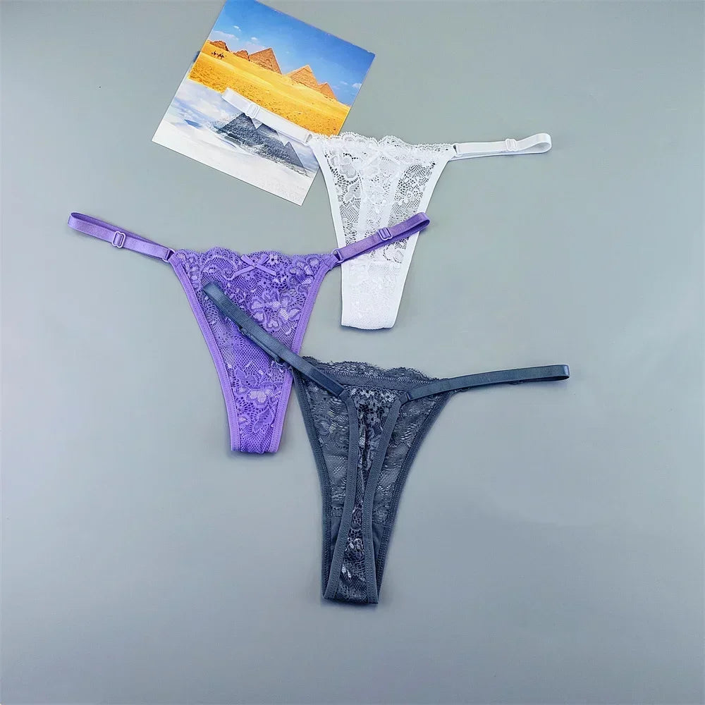 3PCS Adjustable Sexy Transparent Thong Panties Women Lace Underwear Low Waist Female T-back String Underpants