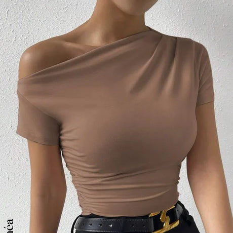 2026 New Women's Off-Shoulder Pleated Top Summer Y2K Sexy Crew Neck Short Sleeve Fashionable Elegant Slim-Fit Top