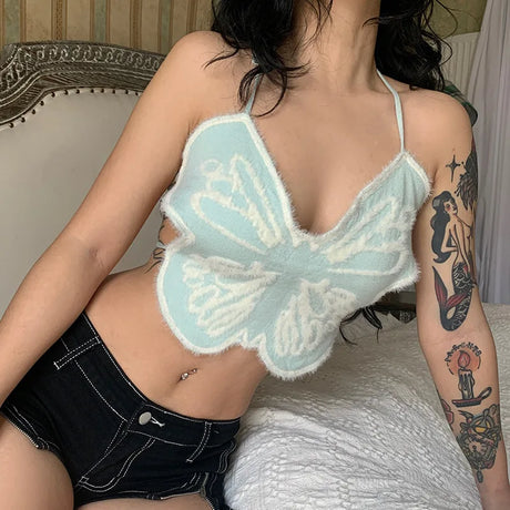 Hot Butterfly Jeans Crop Top Backless Strap Camis Sexy Lingerie Bow Bra Women Beach Mini Vest Butterfly Tank Tops Party Clubwear