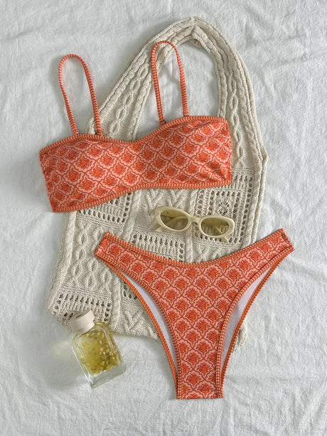 Sexy Bandeau Bikini Women Green Floral Pleate Push Up Padded Thong Swimsuit Summer Bathing Suit Two Piece Swimwear Biquini