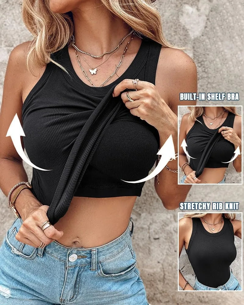 2026 New Spring Summer Women Built in Bra Tank Tops Round Neck Sleeveless Casual Tops Female Racerback Ribbed Fitted Tank Tops